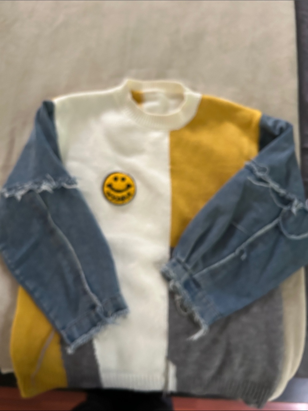 Colorblock Smile Patch Sweater Jacket - White, Mustard & Denim Sleeves